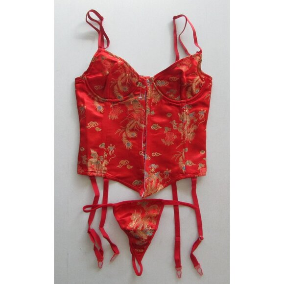 Red Asian Themed Satin Jacquard Corset Bustier Set - NEW - Picture 1 of 10